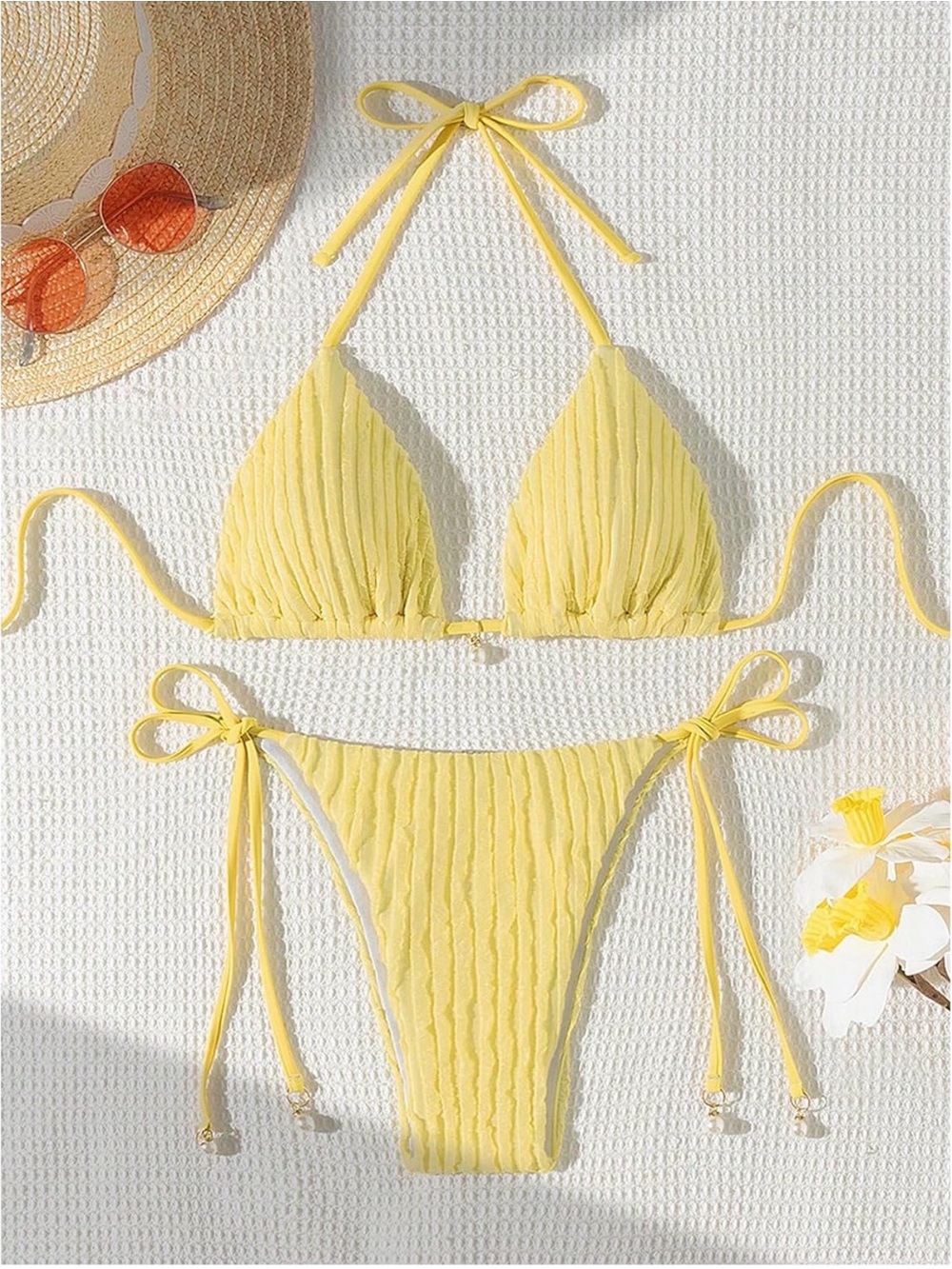Yellow Textured Tie-Side Bikini Set